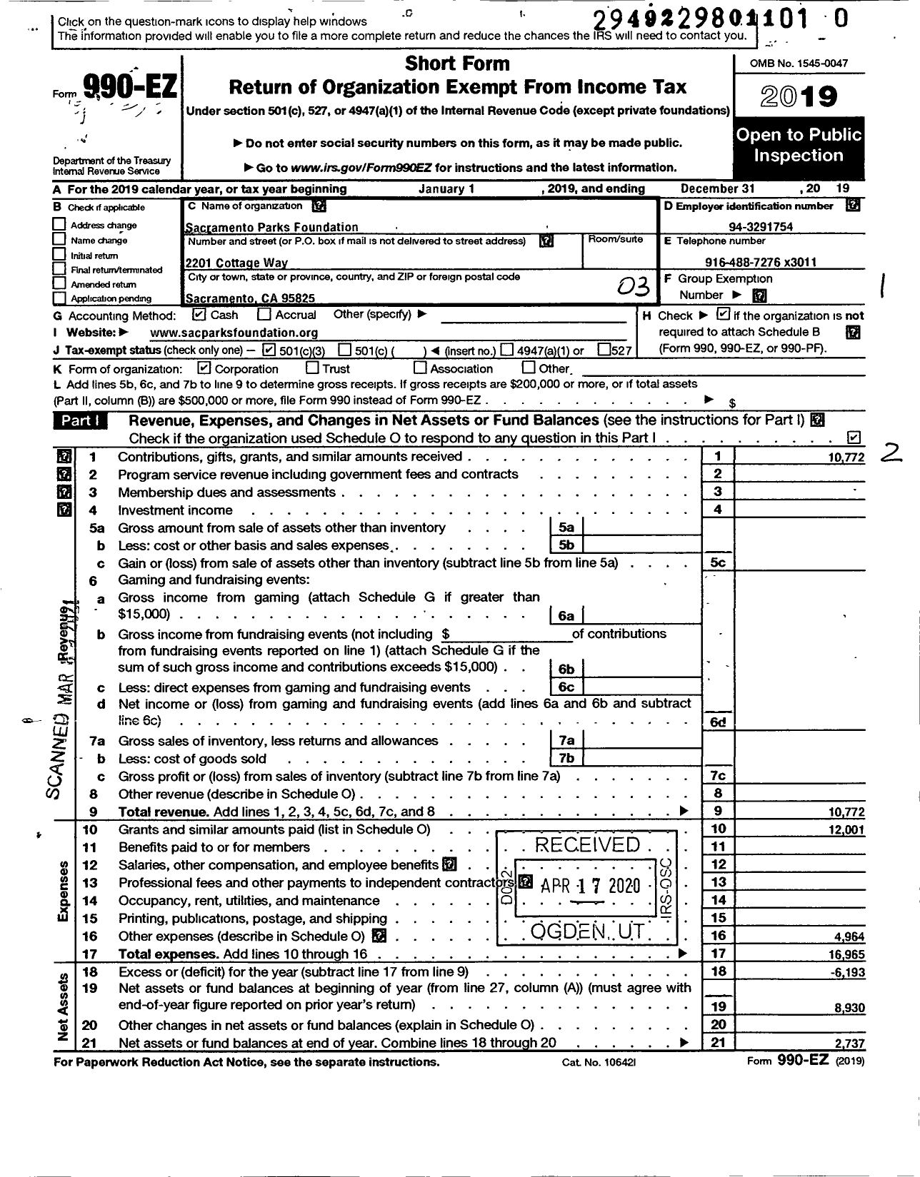 Image of first page of 2019 Form 990EZ for Sacramento Parks Foundation