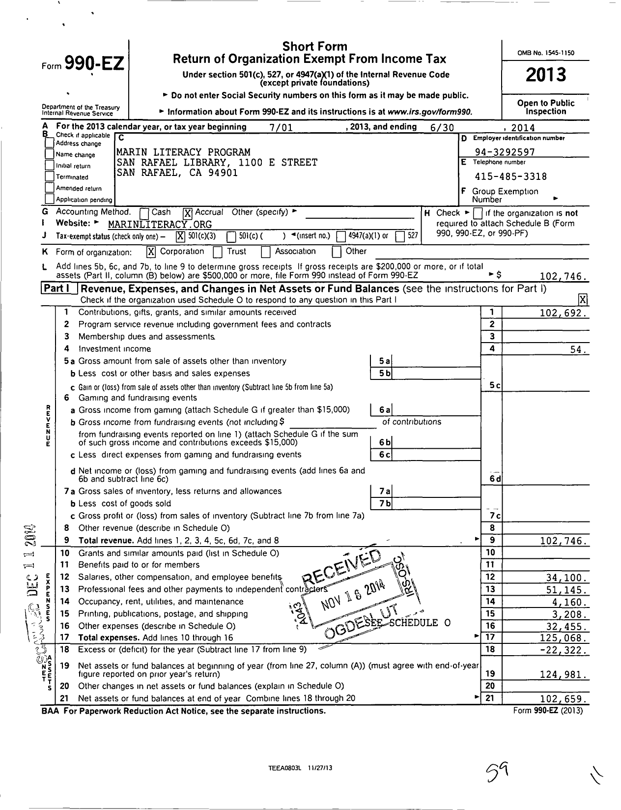 Image of first page of 2013 Form 990EZ for Marin Literacy Program