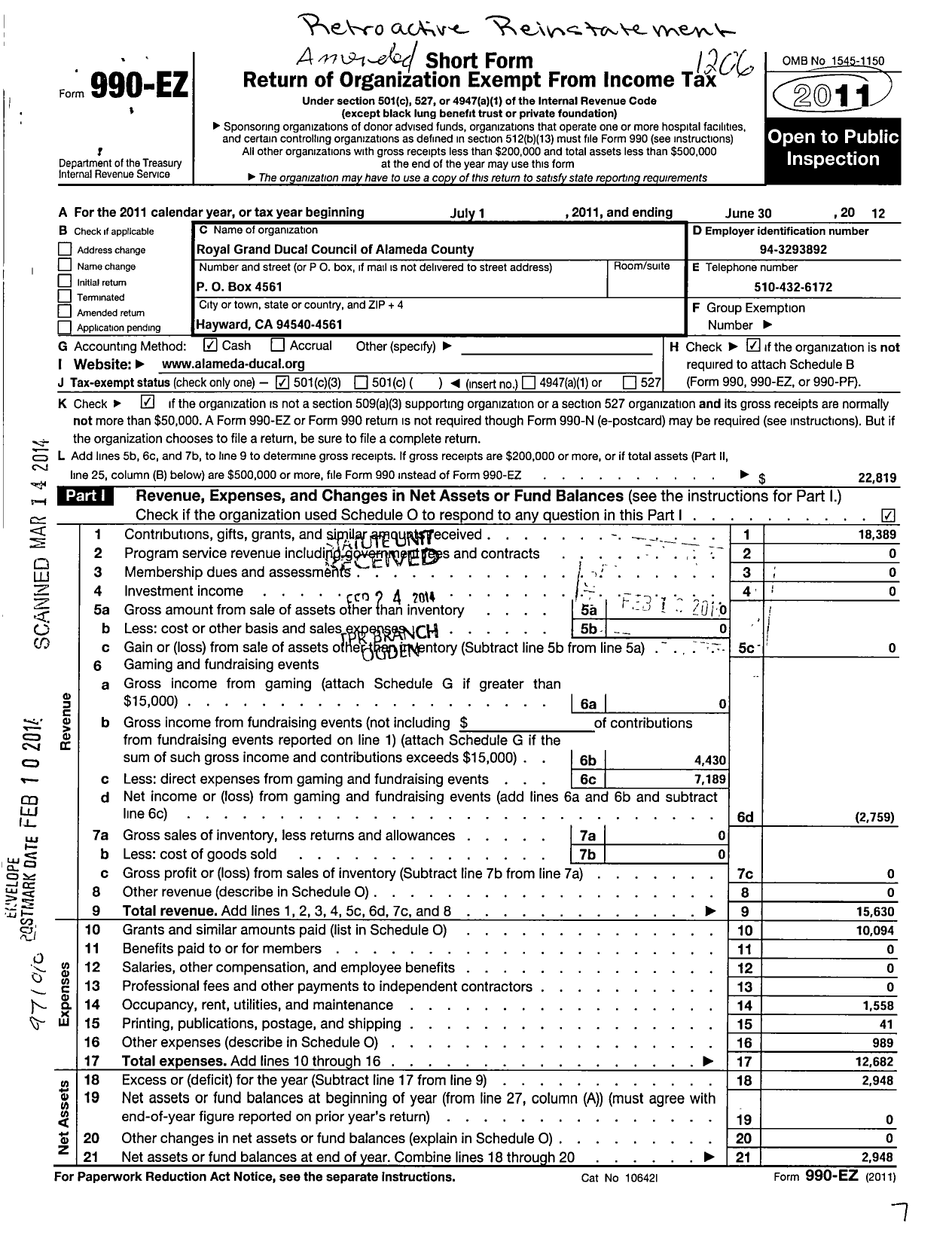 Image of first page of 2011 Form 990EZ for Royal Grand Ducal Council of Alameda County