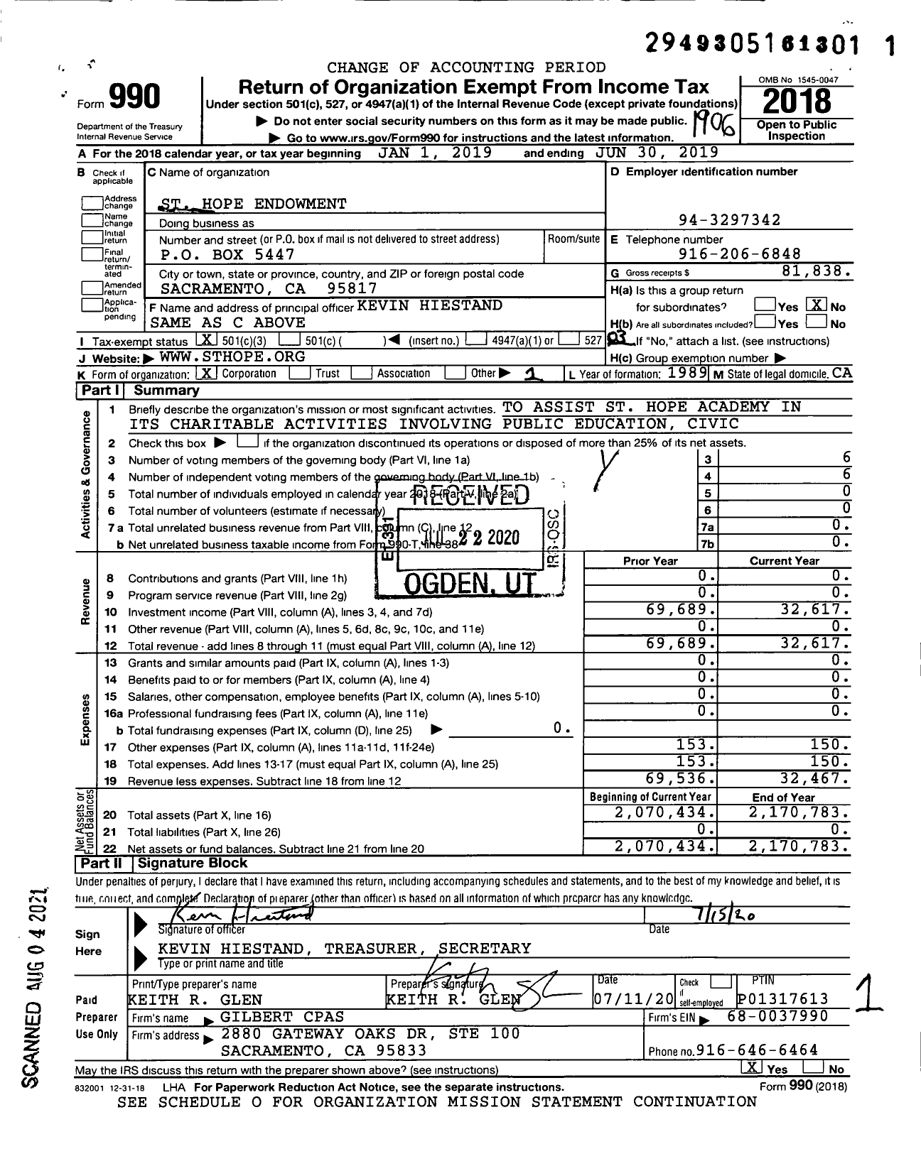 Image of first page of 2018 Form 990 for St Hope Endowment