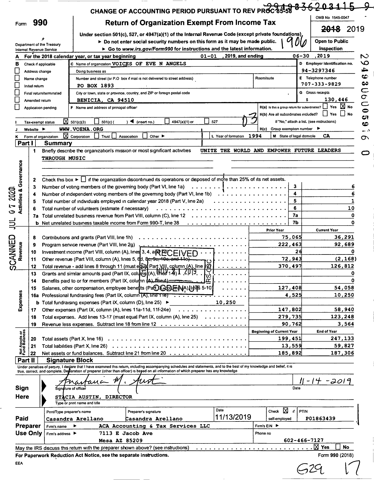 Image of first page of 2018 Form 990 for Voena