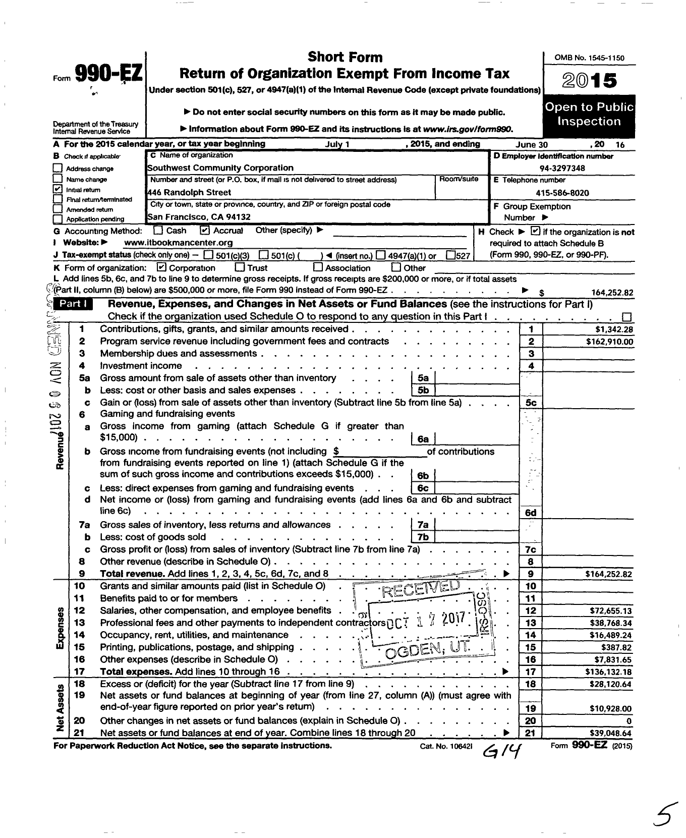 Image of first page of 2015 Form 990EO for Southwest Community Corporation