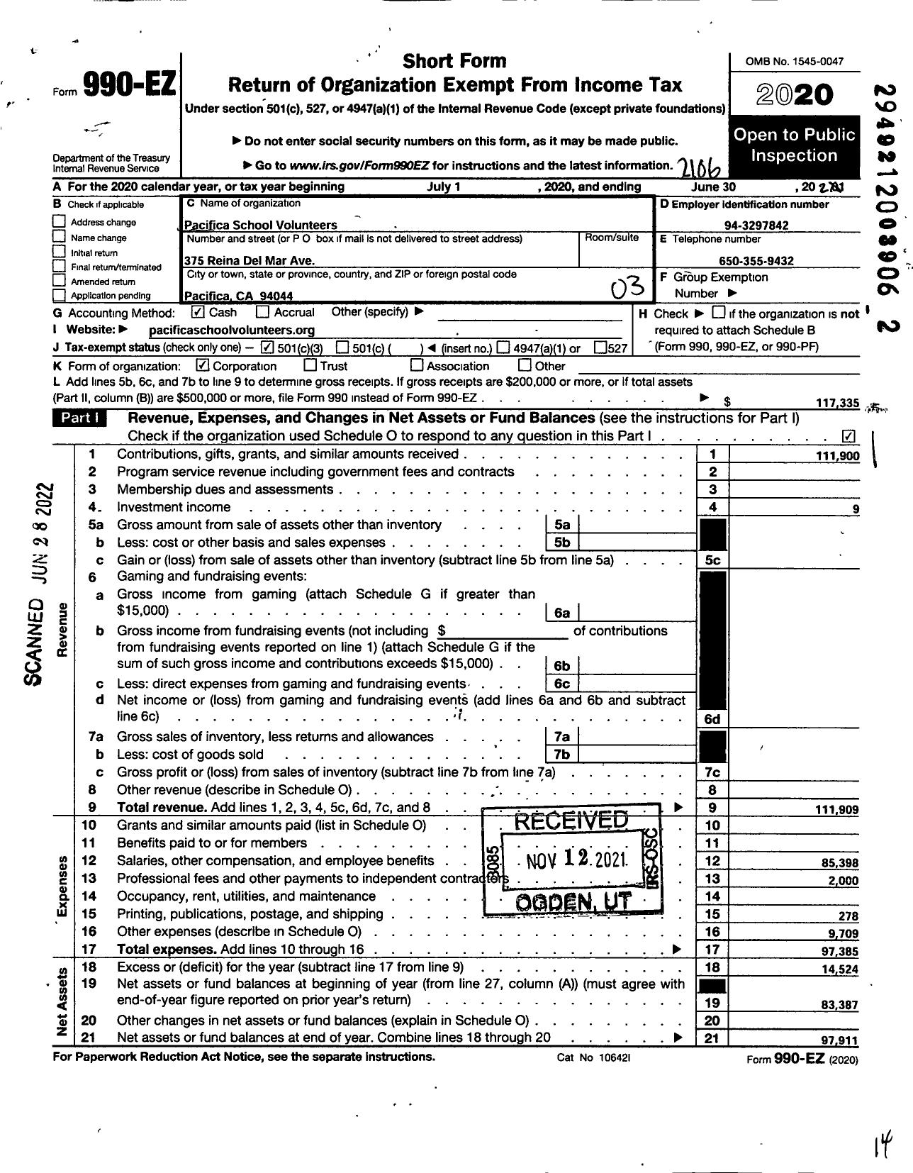 Image of first page of 2020 Form 990EZ for Pacifica School Volunteers