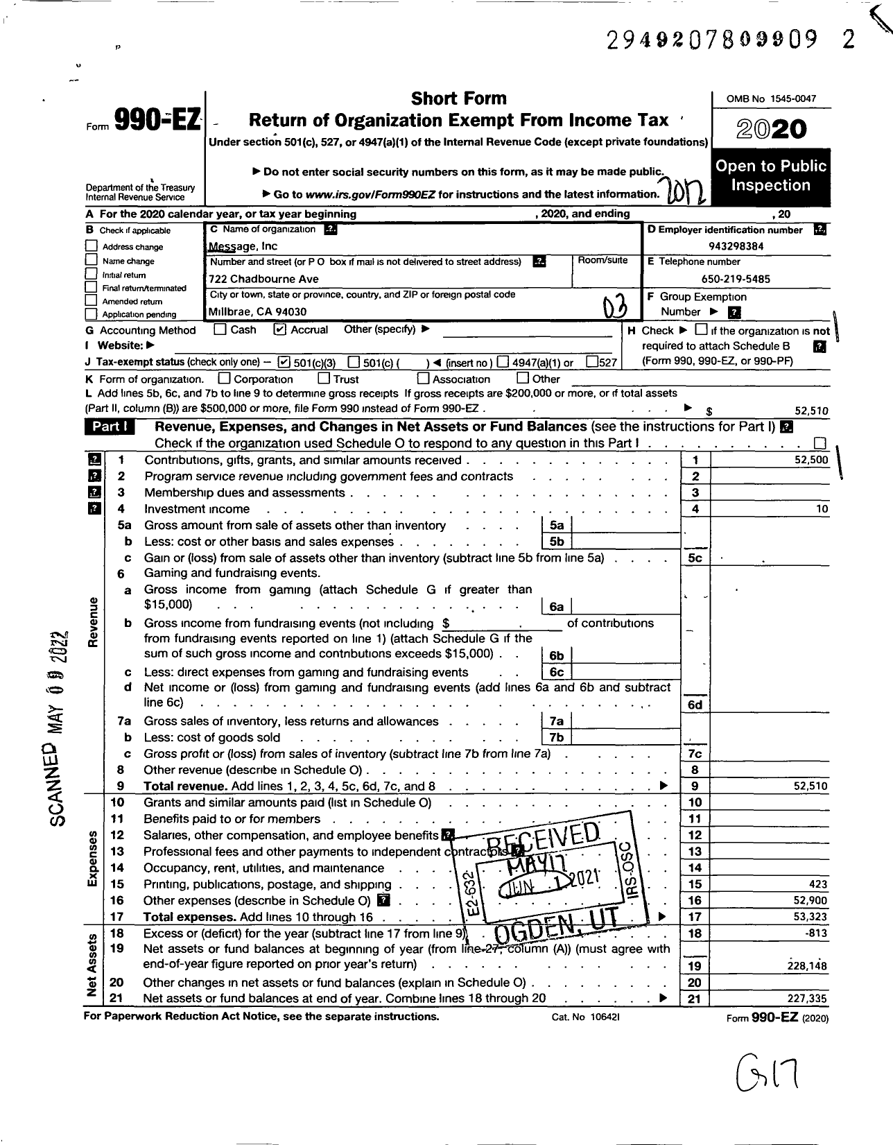 Image of first page of 2020 Form 990EZ for Message