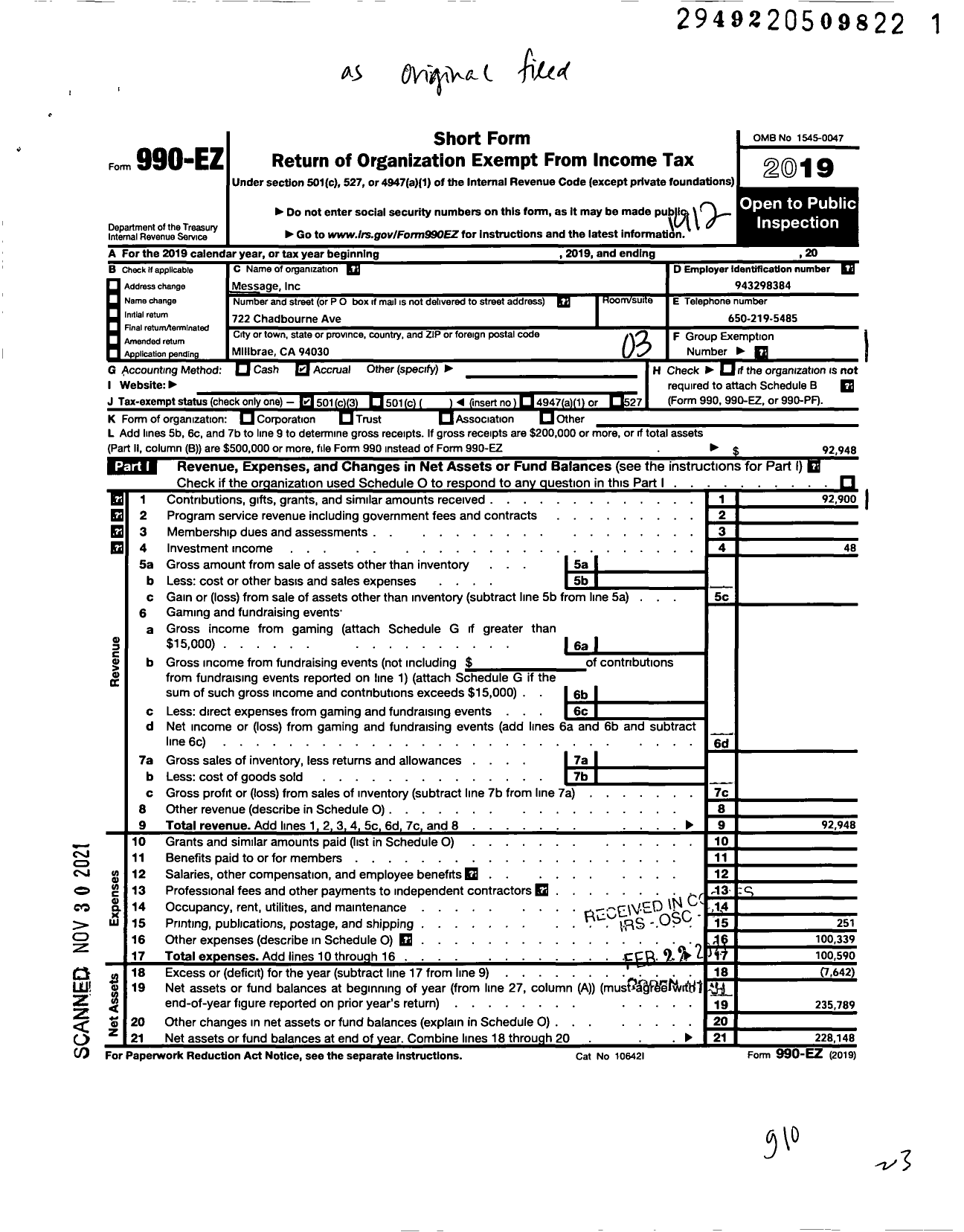 Image of first page of 2019 Form 990EZ for Message