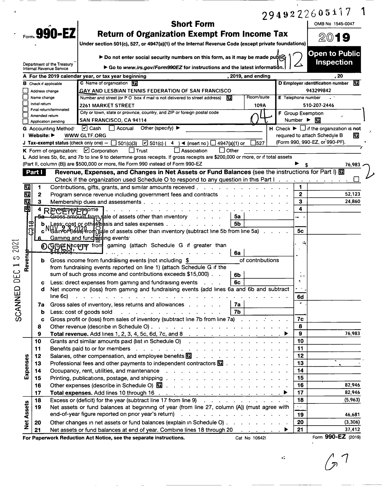 Image of first page of 2019 Form 990EO for Gay and Lesbian Tennis Federation of San Francisco