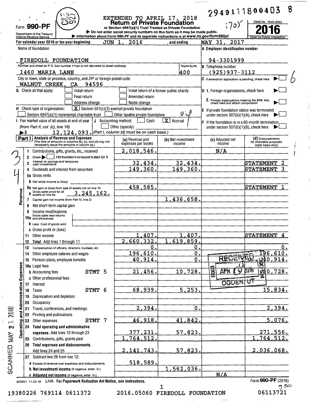 Image of first page of 2016 Form 990PF for Firedoll Foundation