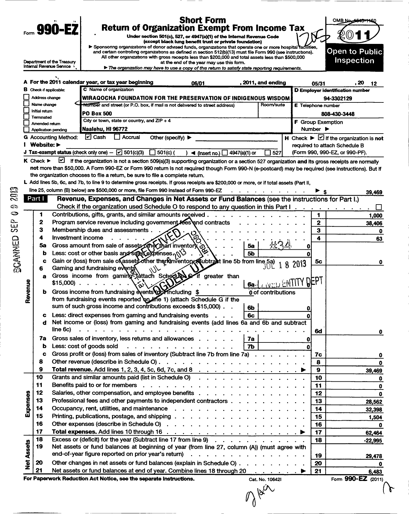 Image of first page of 2011 Form 990EZ for Wiraqocha Foundation for the Preservation of Indigenous Women