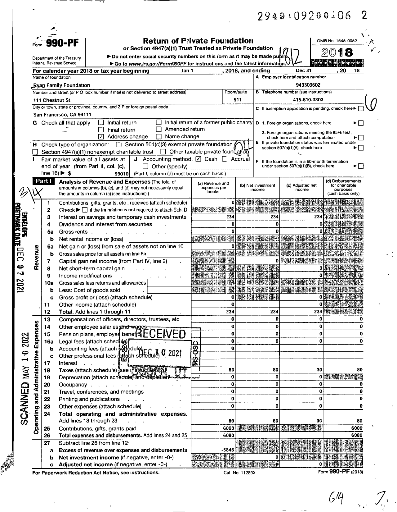 Image of first page of 2018 Form 990PF for Ryan Family Foundation