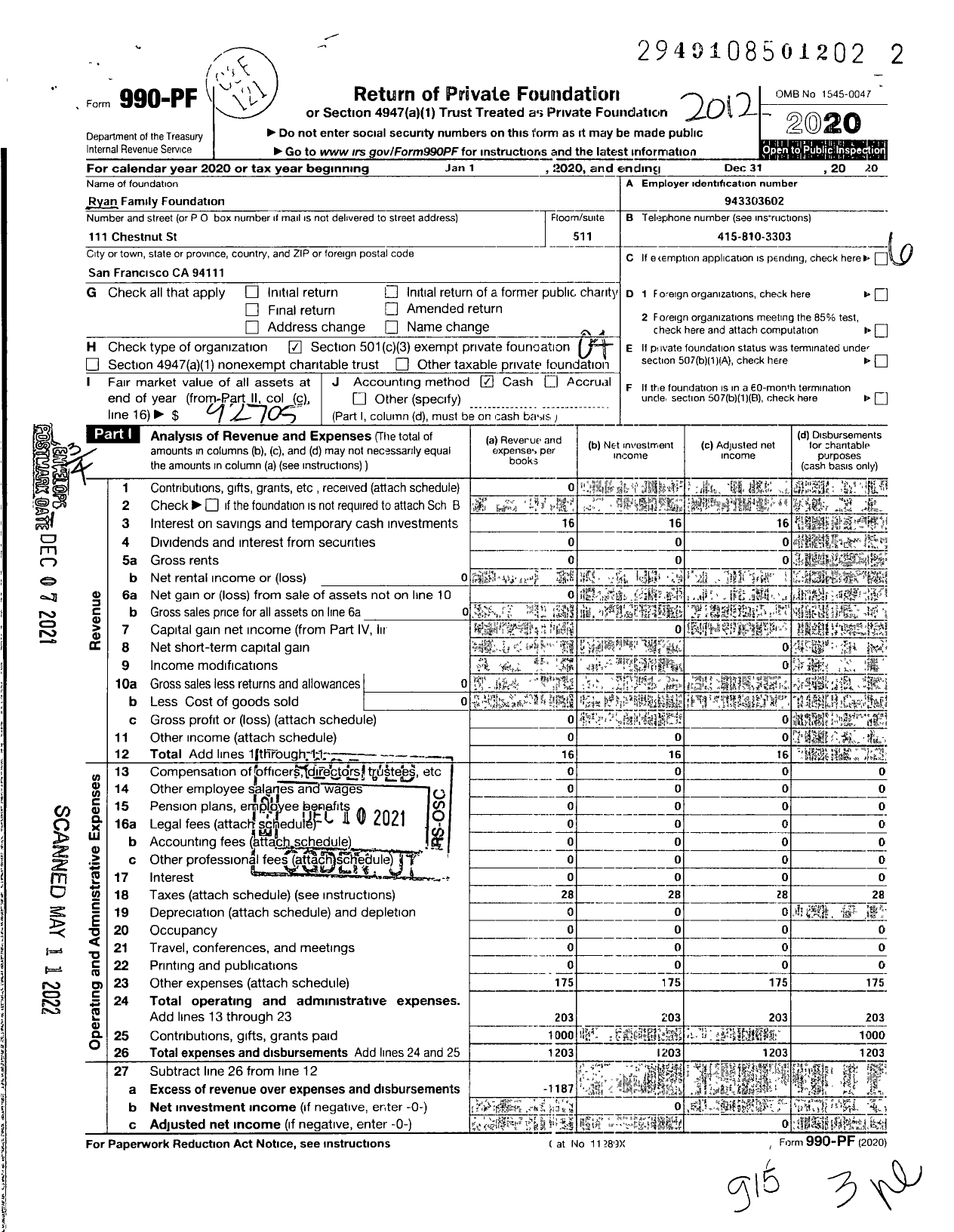 Image of first page of 2020 Form 990PF for Ryan Family Foundation