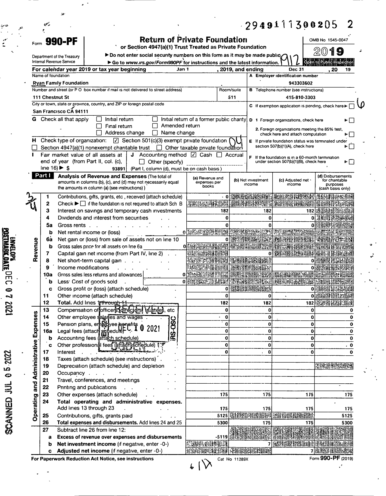 Image of first page of 2019 Form 990PF for Ryan Family Foundation