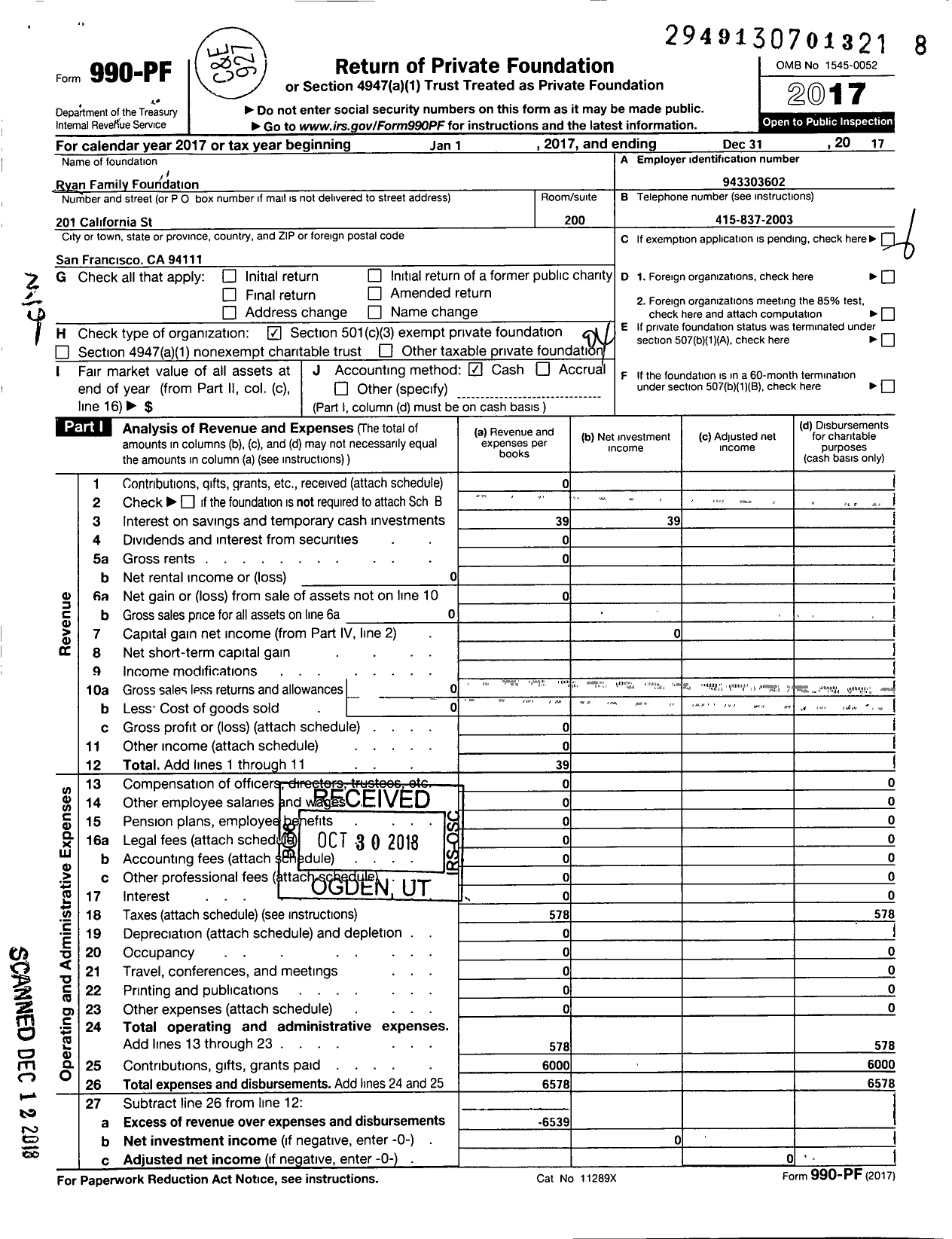 Image of first page of 2017 Form 990PF for Ryan Family Foundation