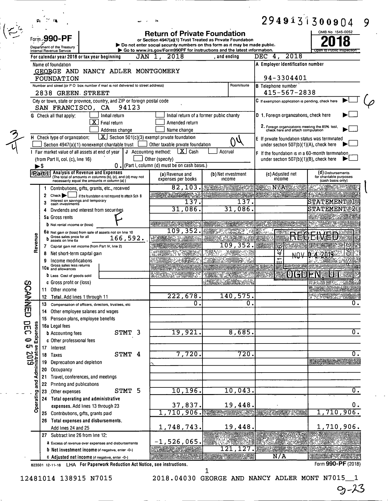 Image of first page of 2018 Form 990PF for George and Nancy Adler Montgomery Foundation