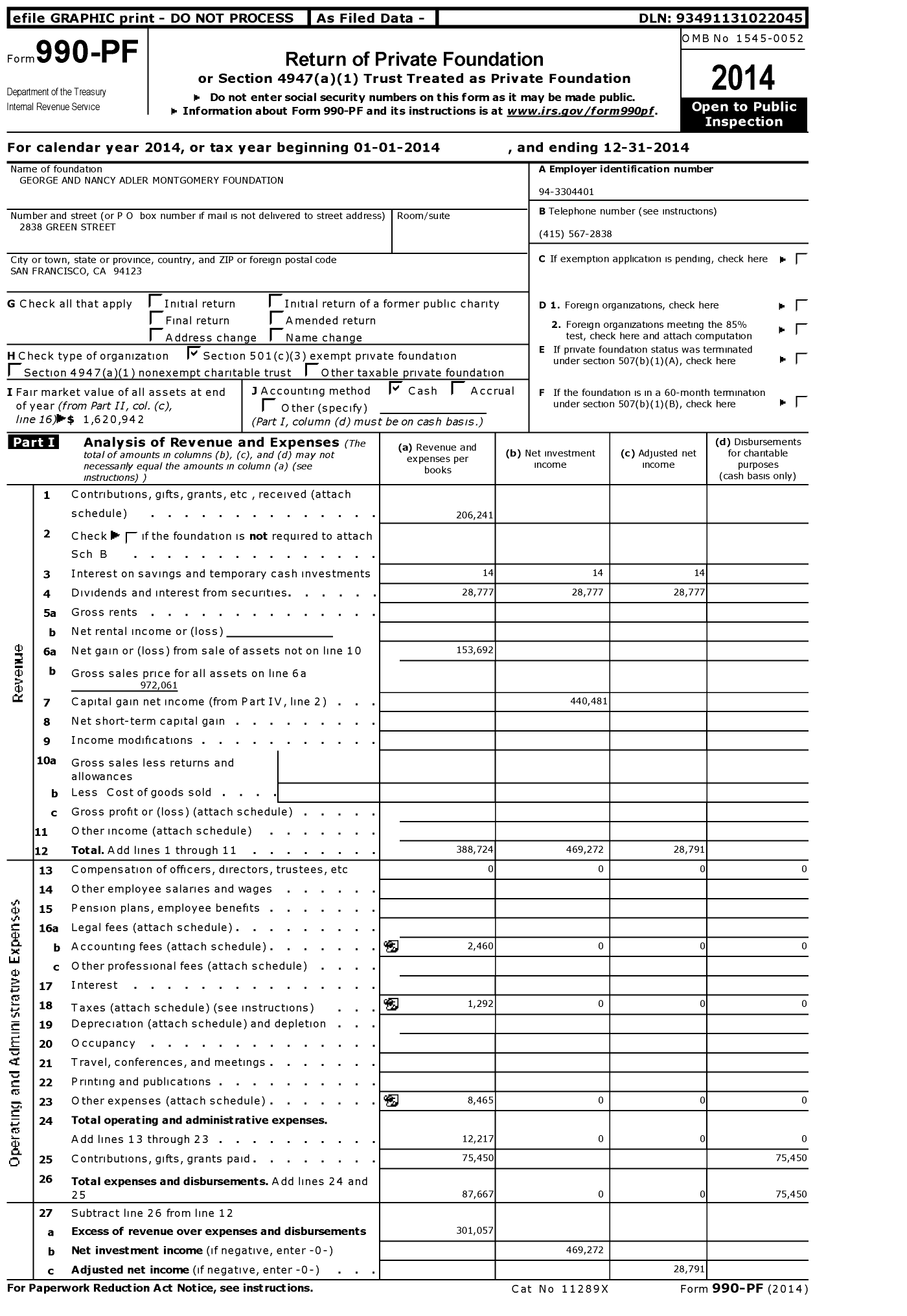 Image of first page of 2014 Form 990PF for George and Nancy Adler Montgomery Foundation