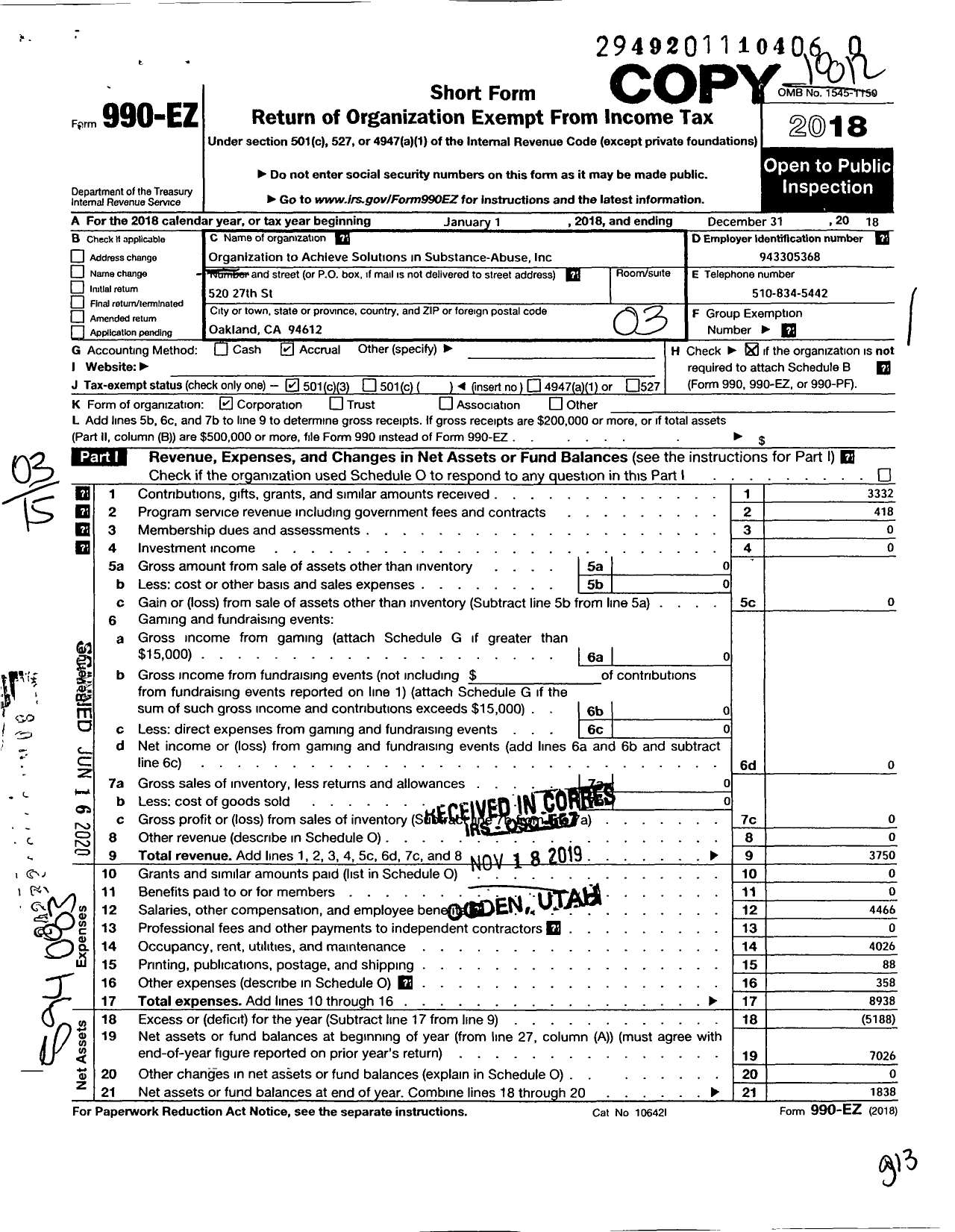 Image of first page of 2018 Form 990EZ for Organization to Achieve Solutions in Substance Abuse