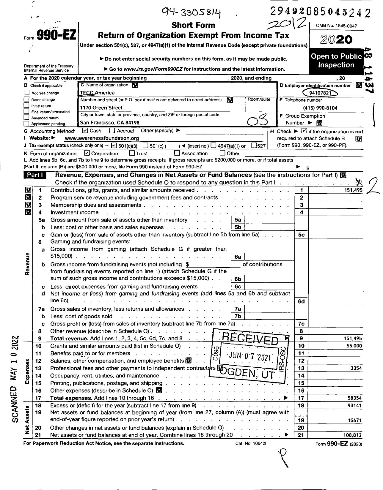 Image of first page of 2020 Form 990EZ for TFCC America