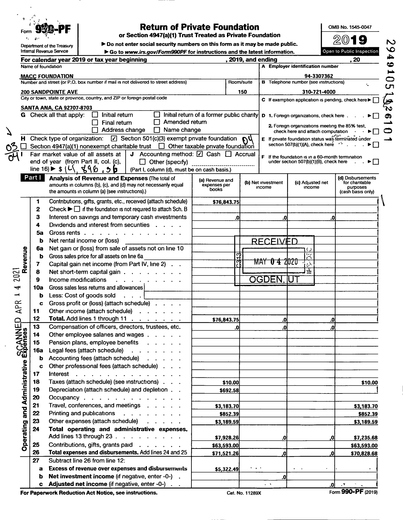 Image of first page of 2019 Form 990PF for Macc A C C Foundation