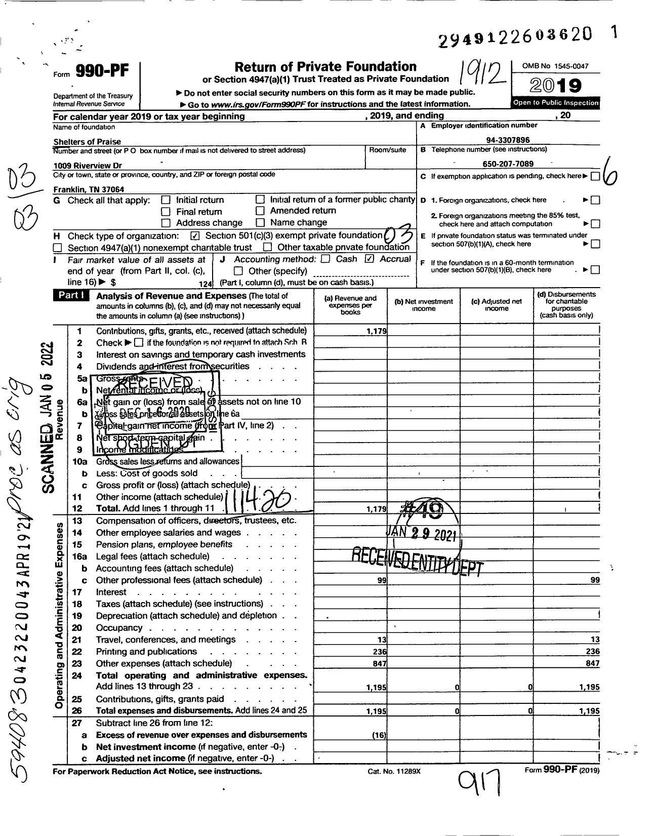 Image of first page of 2019 Form 990PF for Shelters of Praise