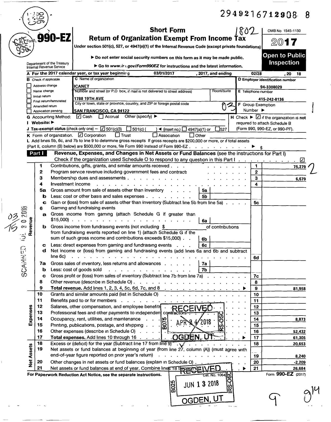 Image of first page of 2017 Form 990EZ for Icanet