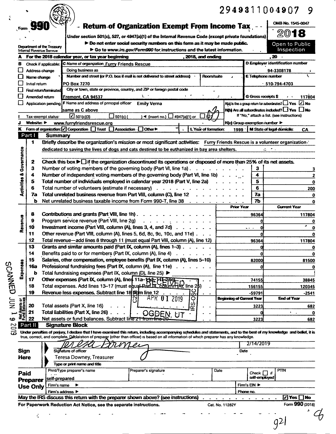 Image of first page of 2018 Form 990 for Furry Friends Rescue