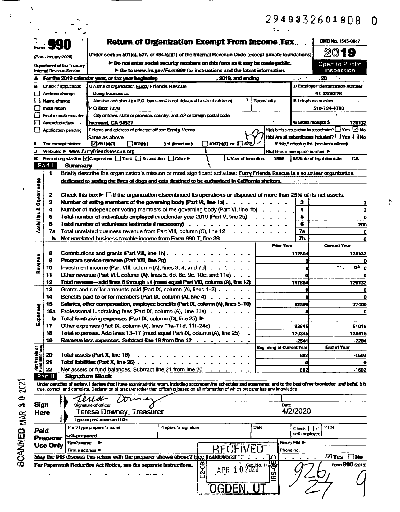 Image of first page of 2019 Form 990 for Furry Friends Rescue