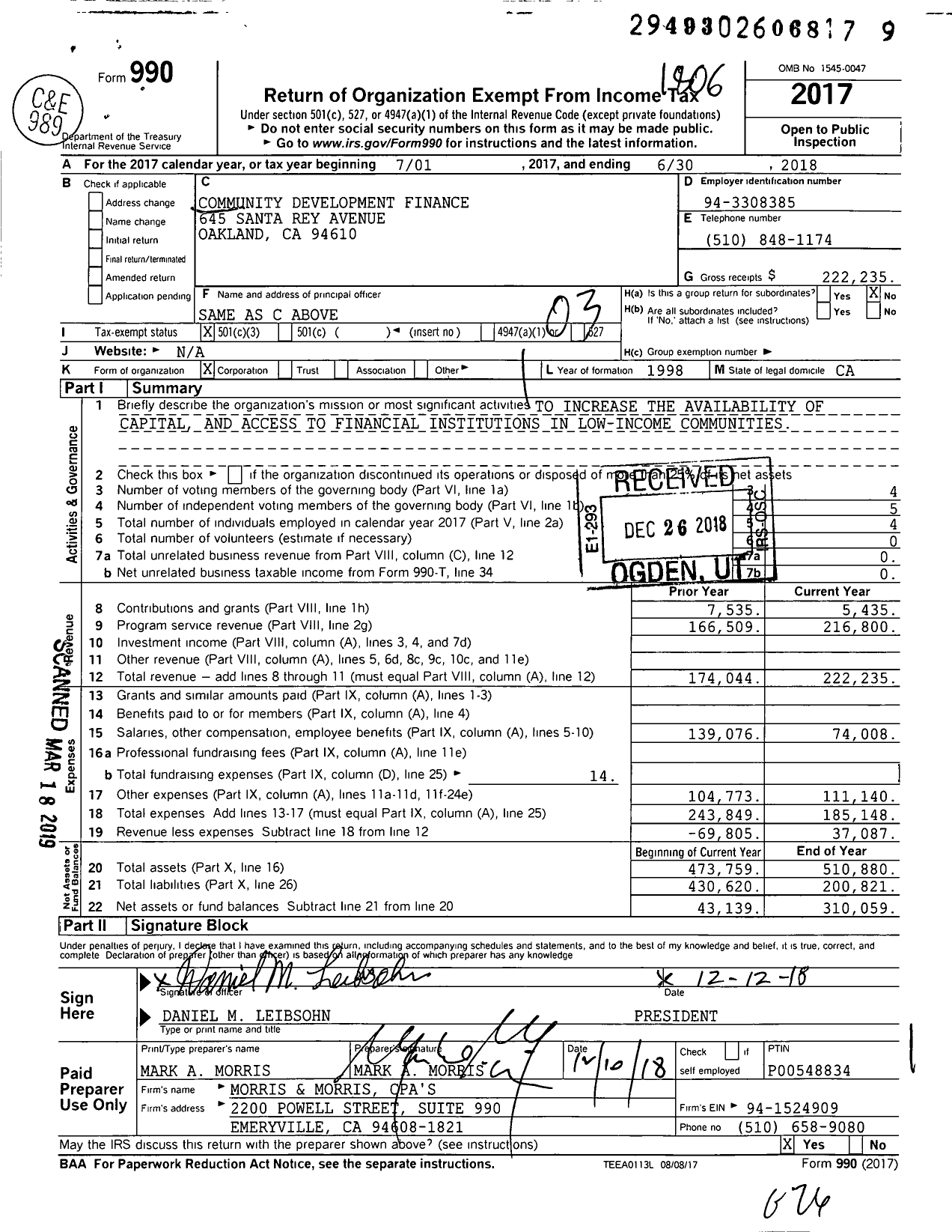 Image of first page of 2017 Form 990 for Community Development Finance