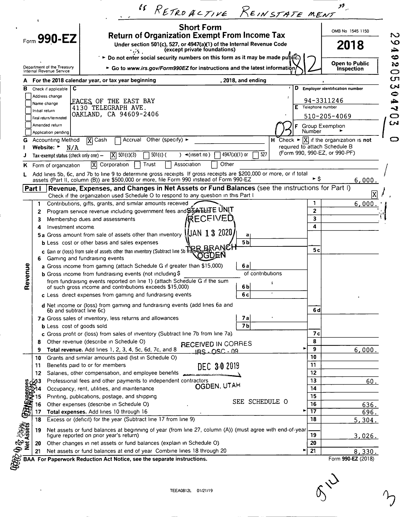 Image of first page of 2018 Form 990EZ for Faces of the East Bay