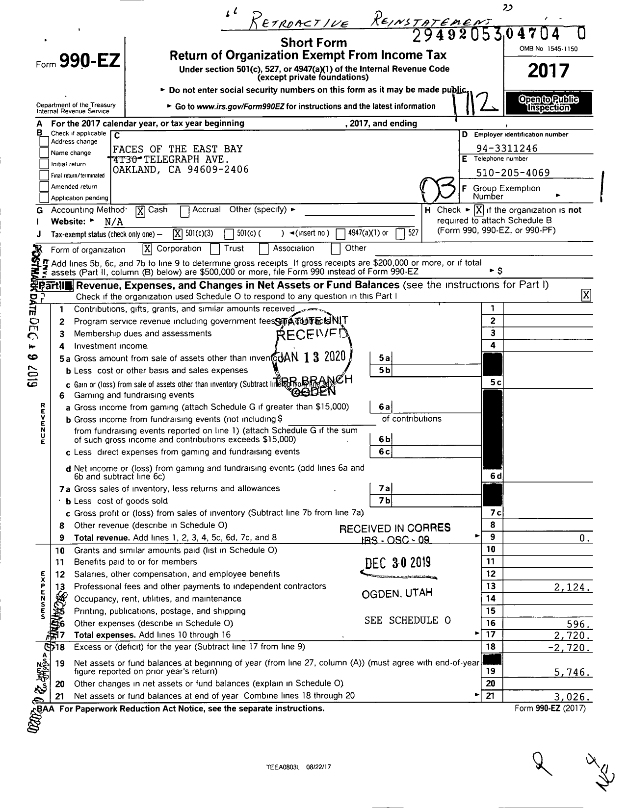 Image of first page of 2017 Form 990EZ for Faces of the East Bay