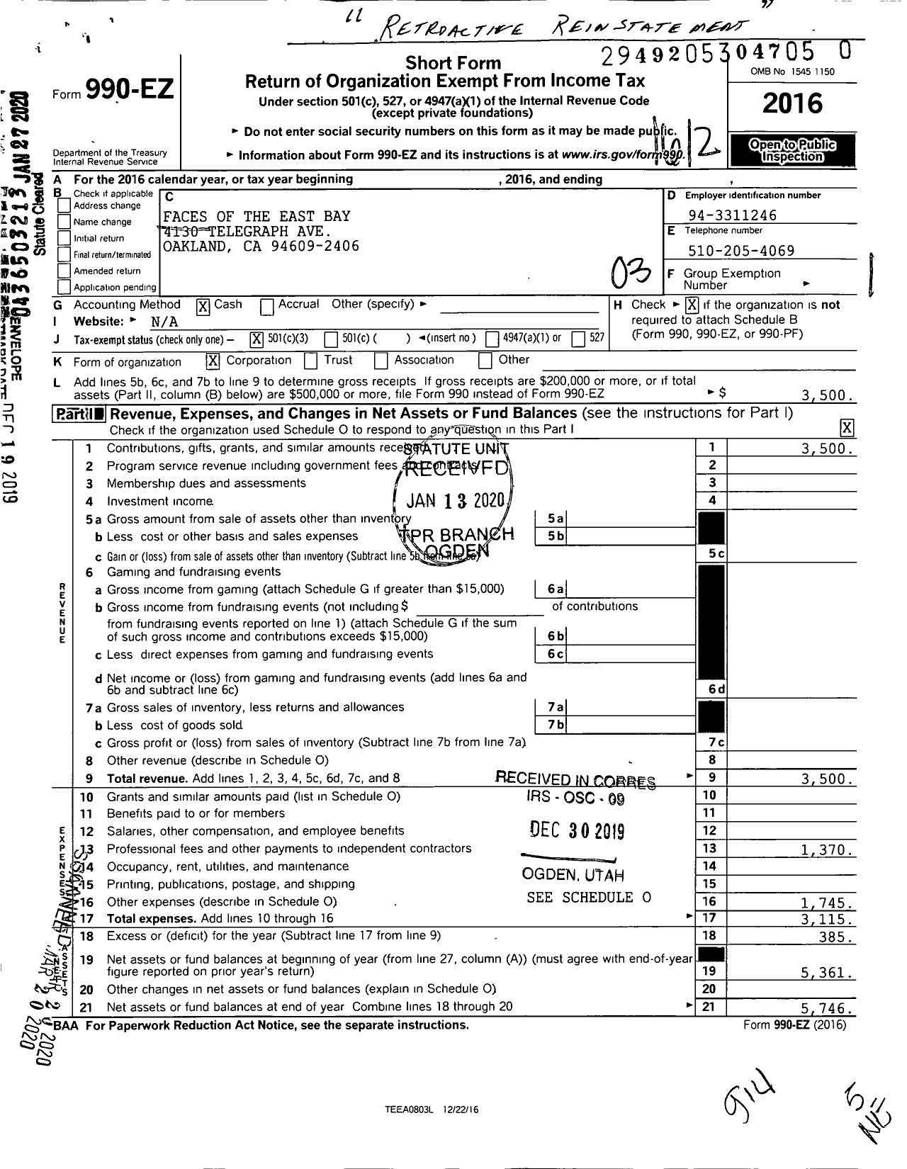 Image of first page of 2016 Form 990EZ for Faces of the East Bay