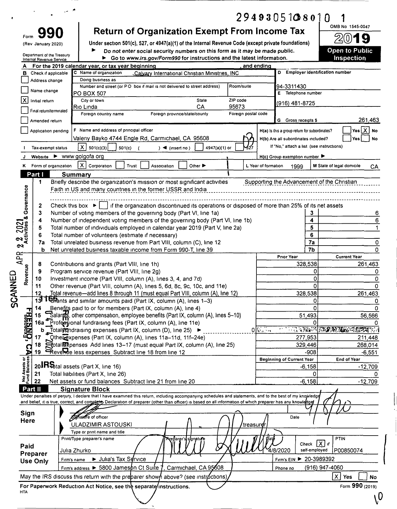 Image of first page of 2019 Form 990 for Calvary International Christian Ministries