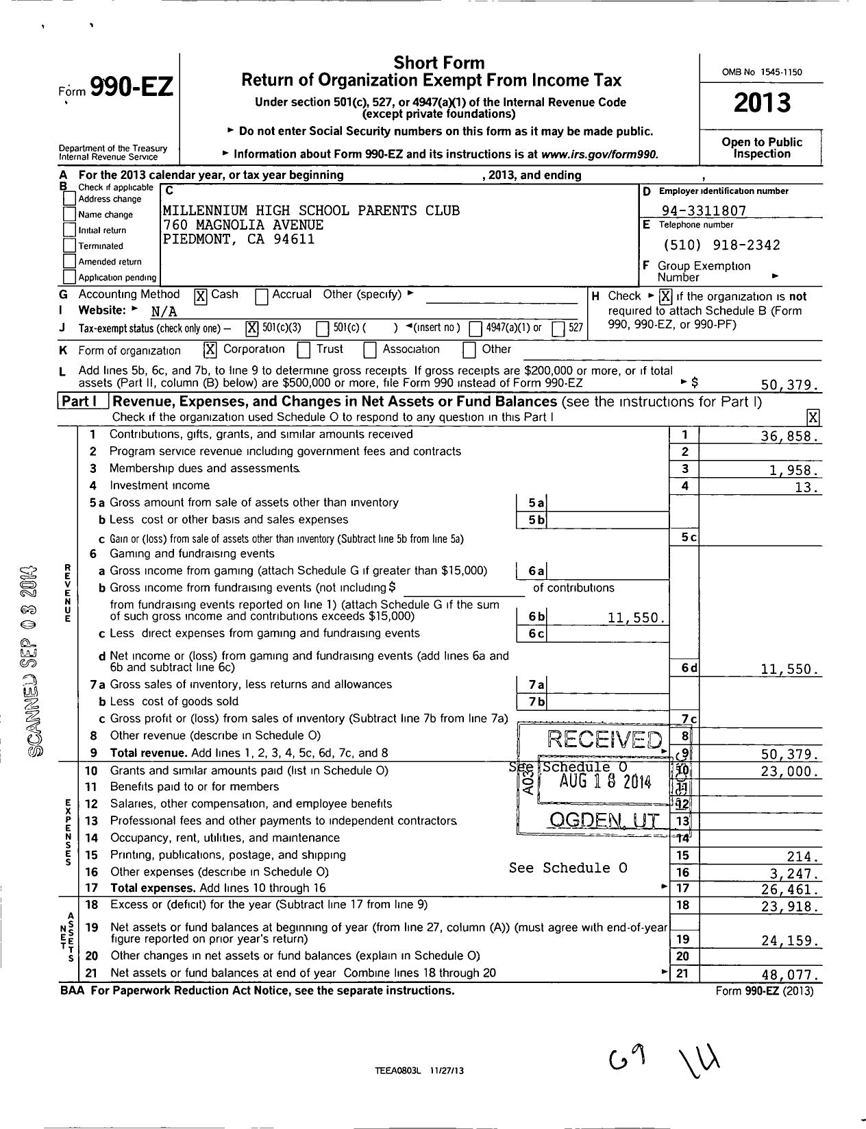 Image of first page of 2013 Form 990EZ for Millennium High School Parents Club