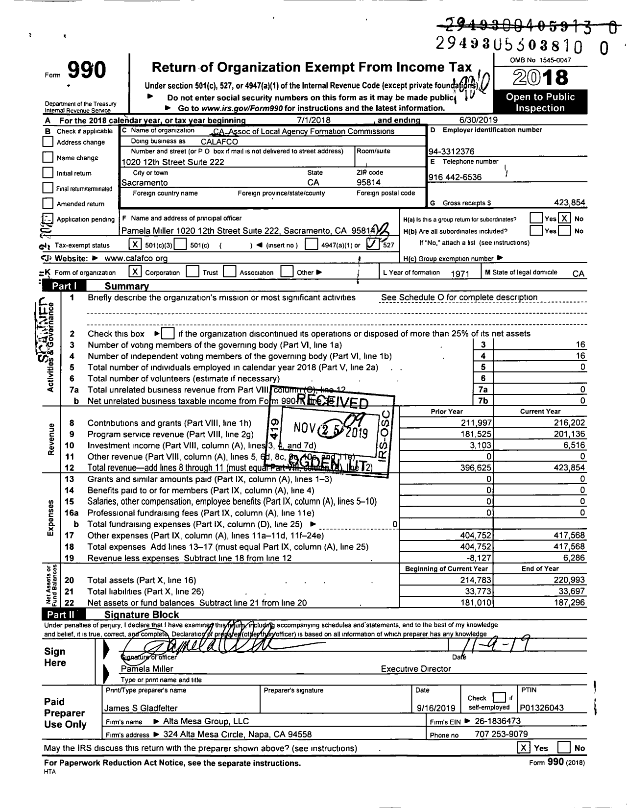 Image of first page of 2018 Form 990 for Ca Association of Local Agency Formation Commissions (CALAFCO)
