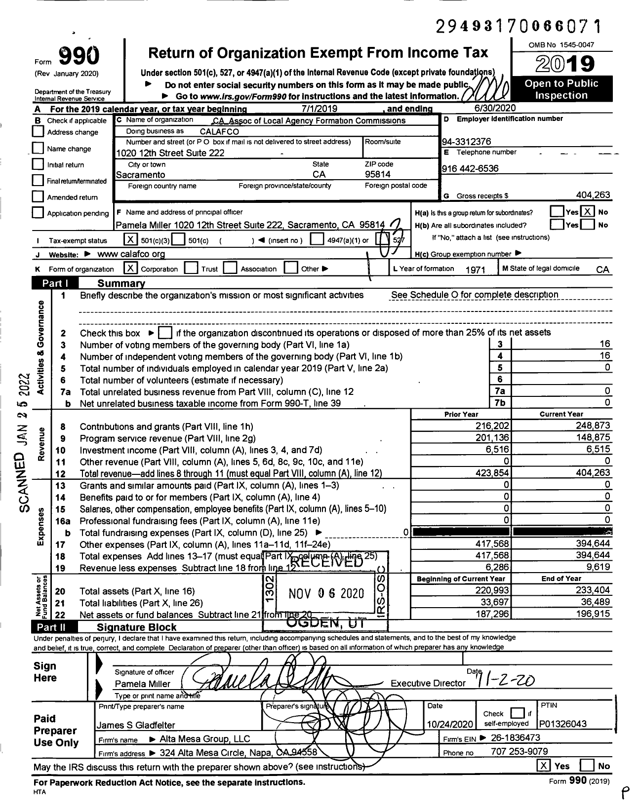 Image of first page of 2019 Form 990 for Ca Association of Local Agency Formation Commissions (CALAFCO)