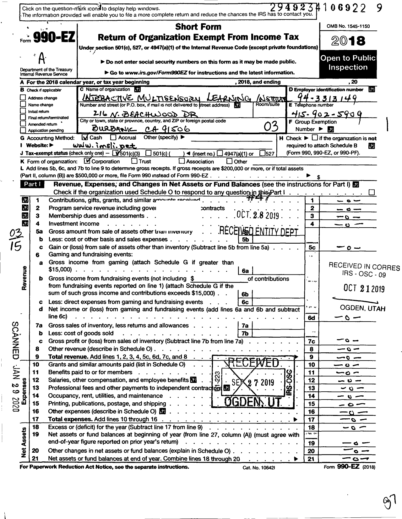 Image of first page of 2018 Form 990EZ for Interactive Multisensory Learning Institute