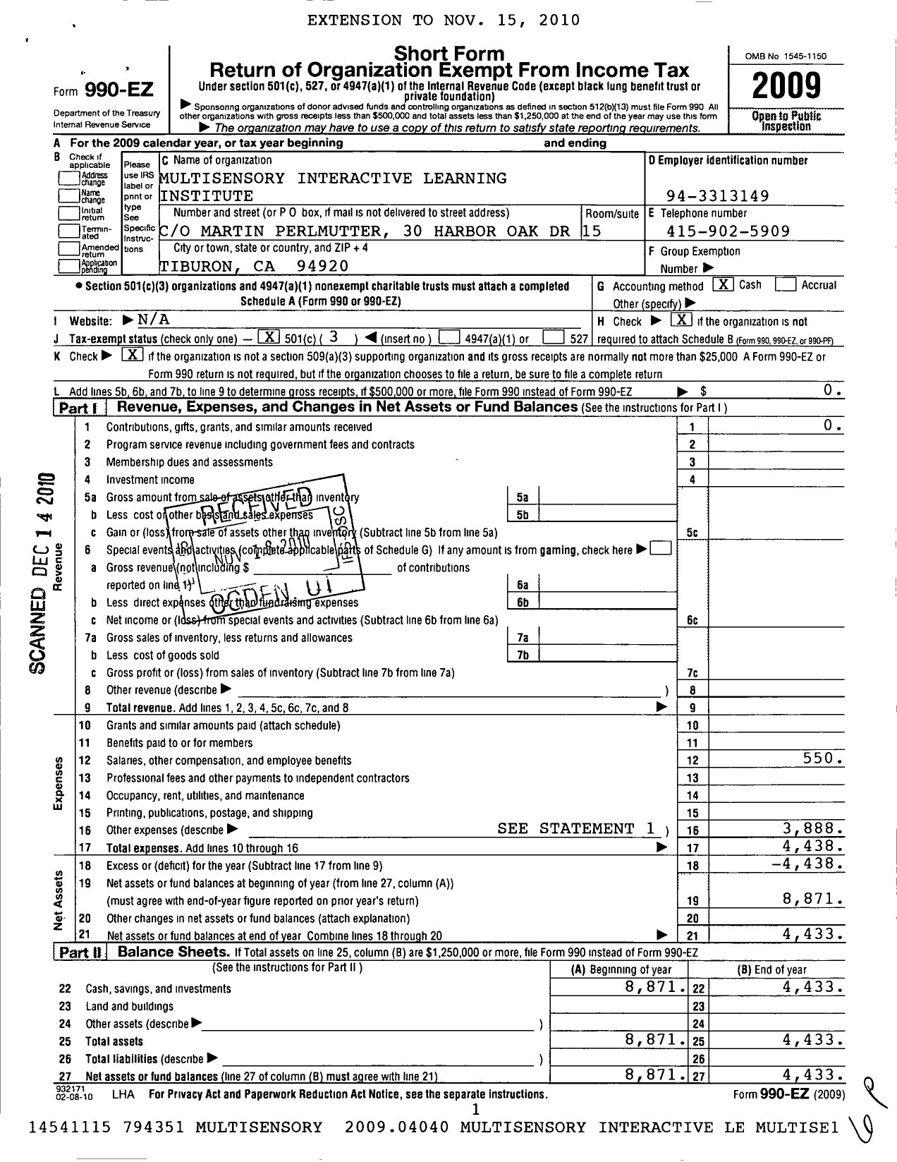 Image of first page of 2009 Form 990EZ for Interactive Multisensory Learning Institute