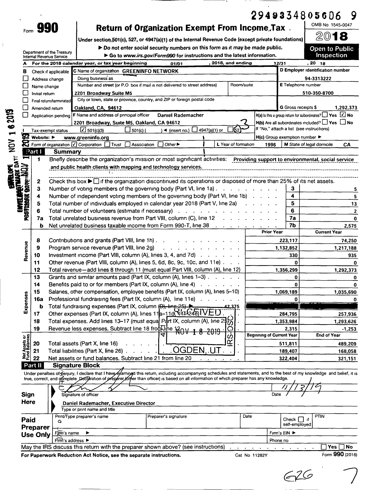 Image of first page of 2018 Form 990 for Greeninfo Network