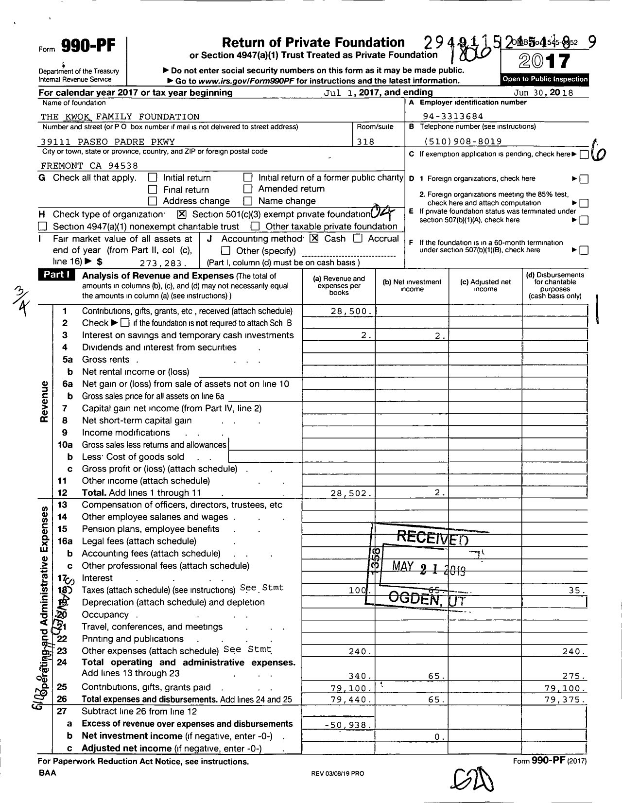 Image of first page of 2017 Form 990PF for The Kwok Family Foundation