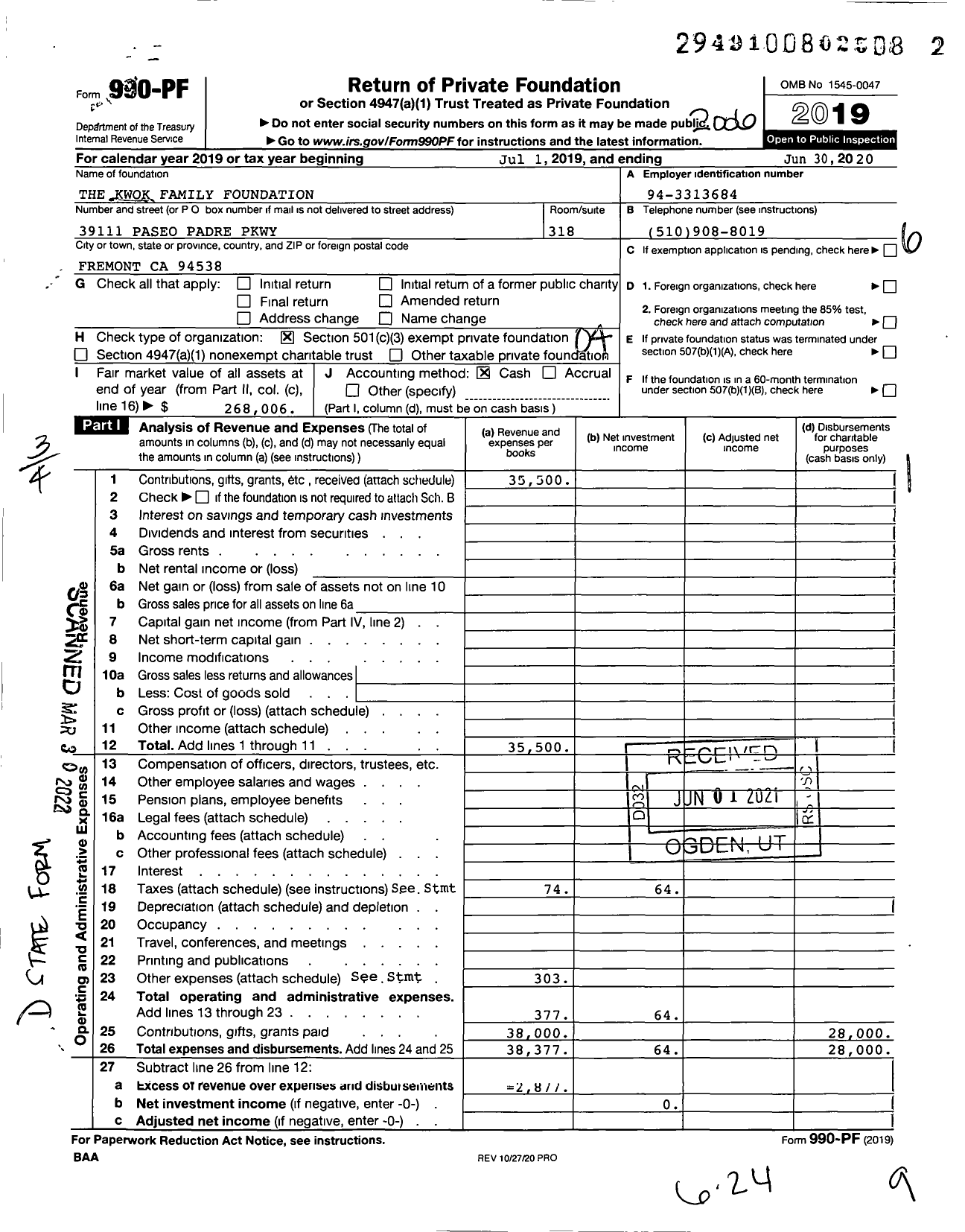 Image of first page of 2019 Form 990PF for The Kwok Family Foundation