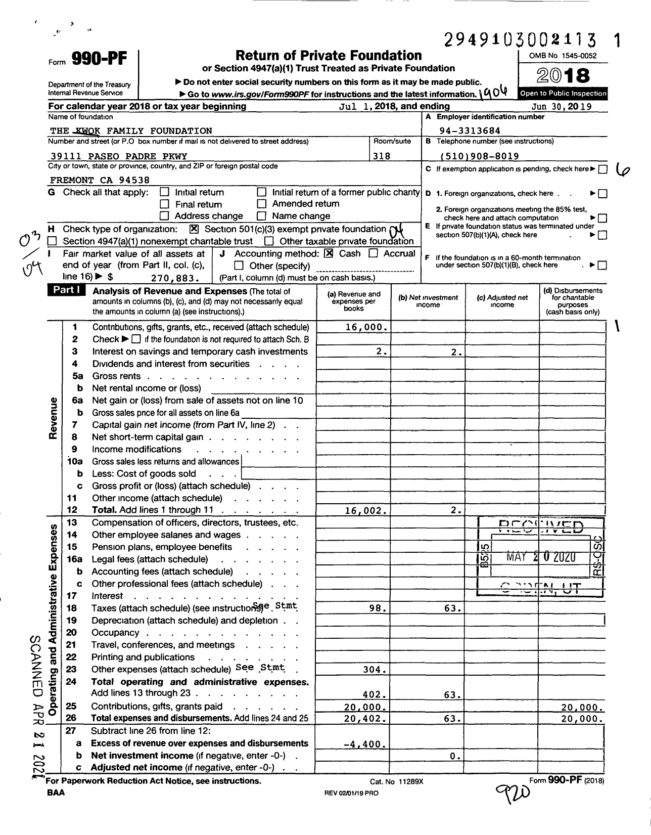 Image of first page of 2018 Form 990PF for The Kwok Family Foundation