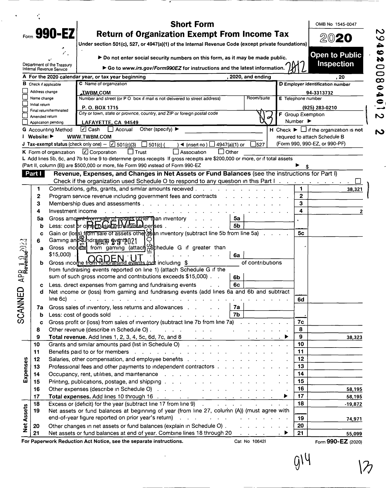 Image of first page of 2020 Form 990EZ for TWBM Com