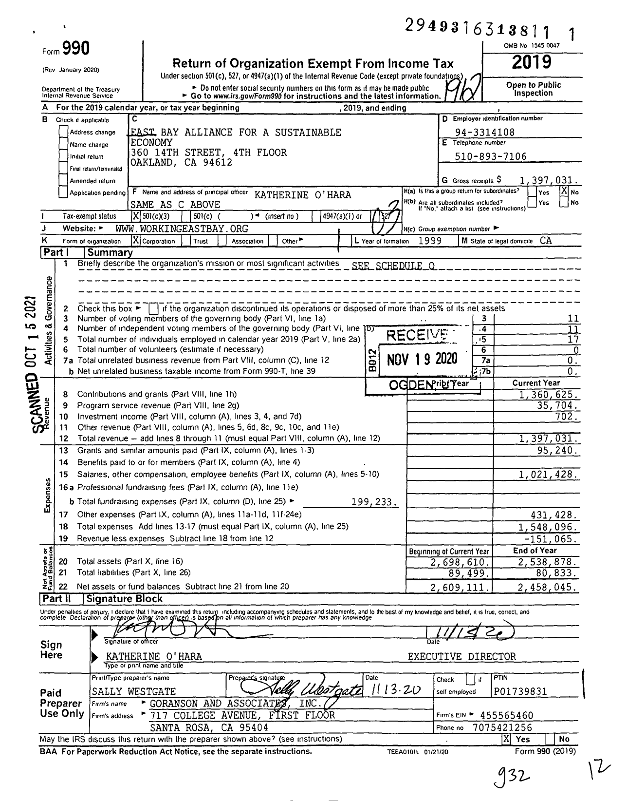 Image of first page of 2019 Form 990 for East Bay Alliance for A Sustainable Economy (EBASE)