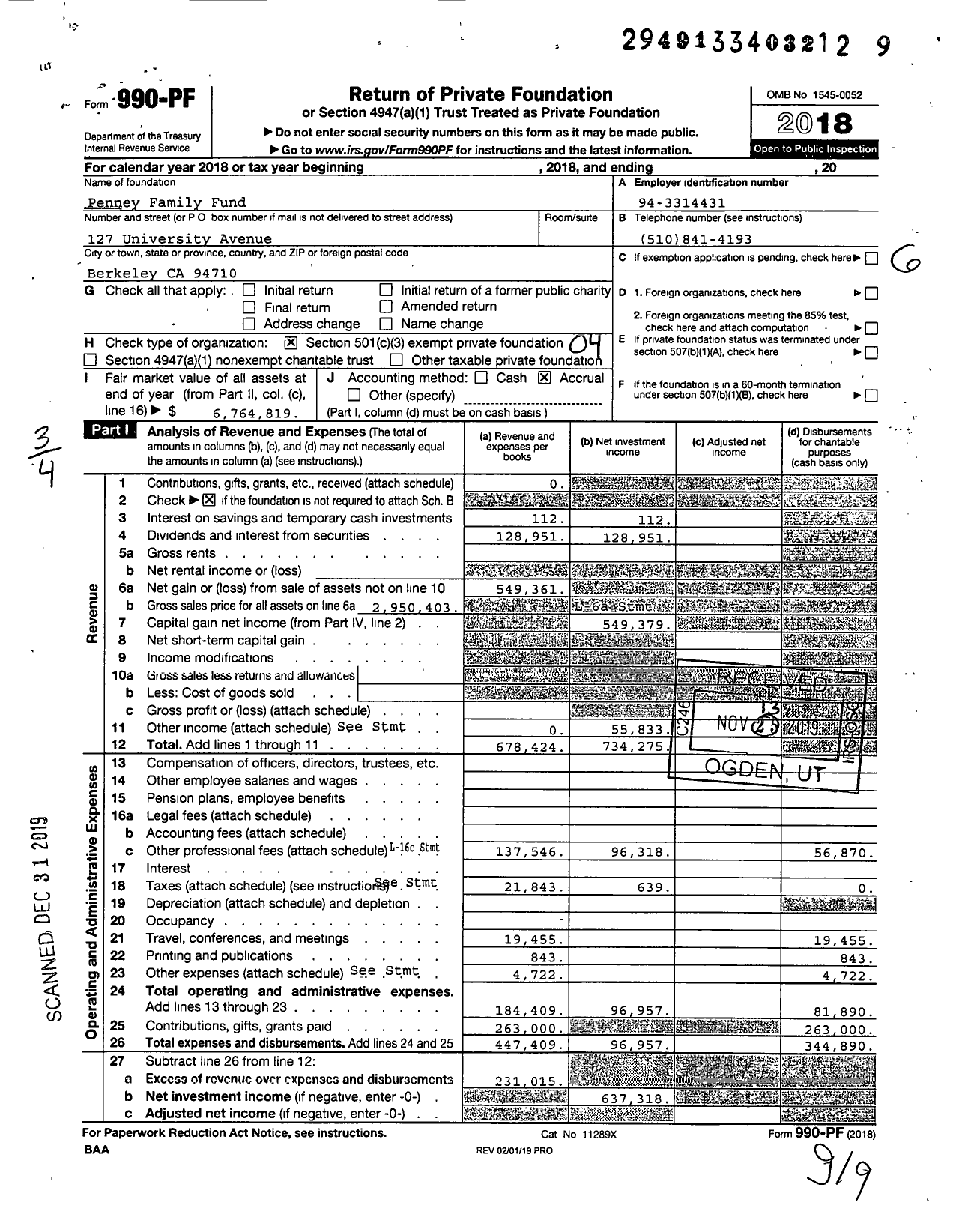 Image of first page of 2018 Form 990PF for Penney Family Fund