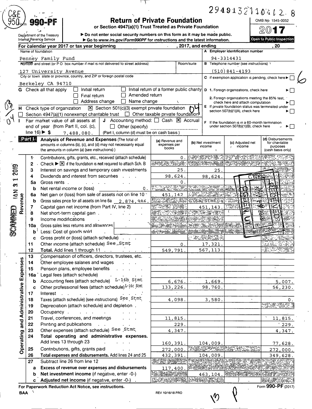 Image of first page of 2017 Form 990PF for Penney Family Fund