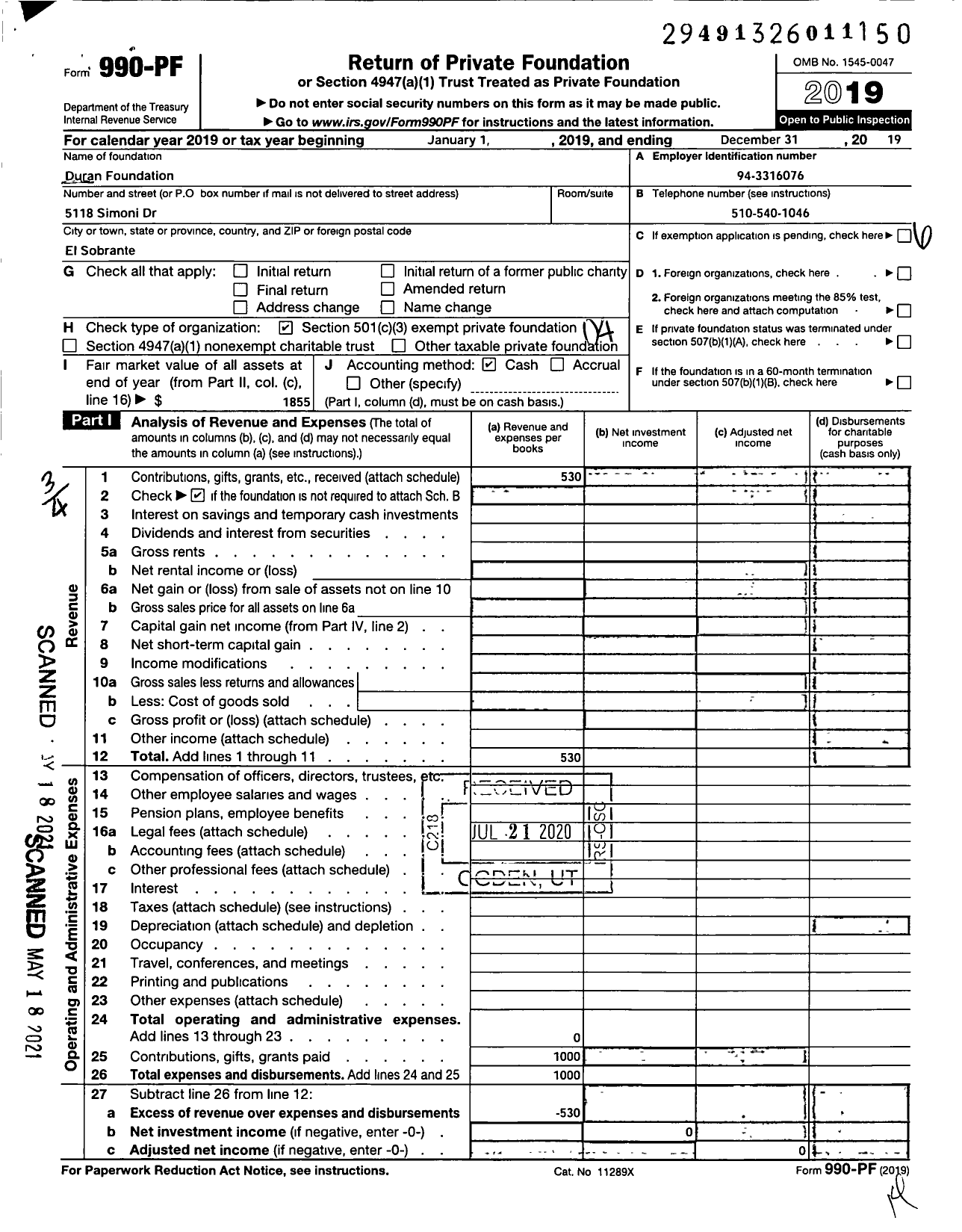 Image of first page of 2019 Form 990PF for Duran Foundation