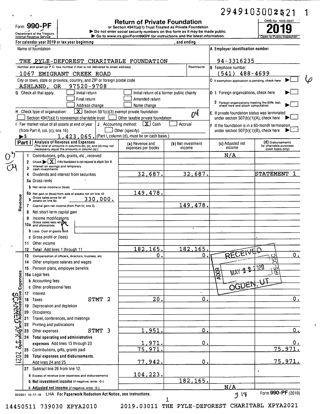 Image of first page of 2019 Form 990PF for The Pyle-Deforest Foundation