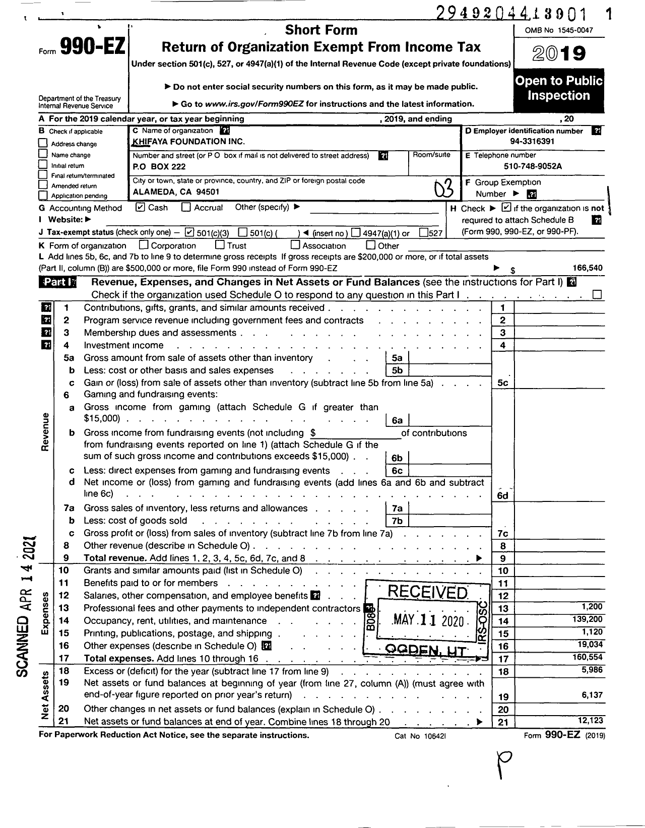 Image of first page of 2019 Form 990EZ for Khifaya Foundation