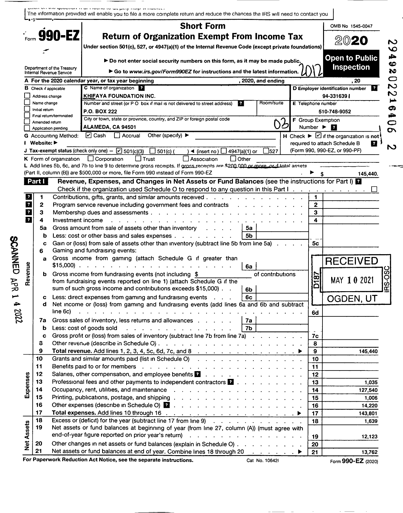 Image of first page of 2020 Form 990EZ for Khifaya Foundation