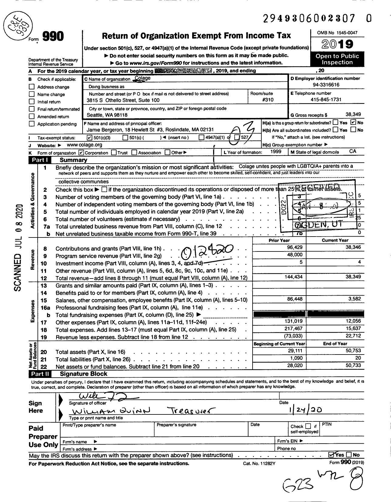 Image of first page of 2019 Form 990 for Colage
