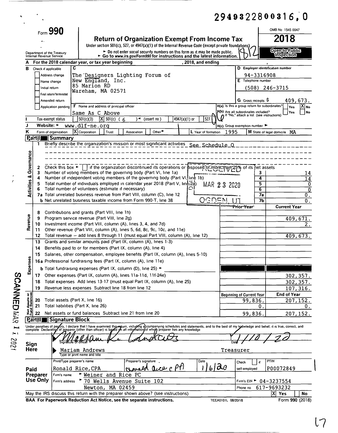 Image of first page of 2018 Form 990O for The Designers Lighting Forum of New England