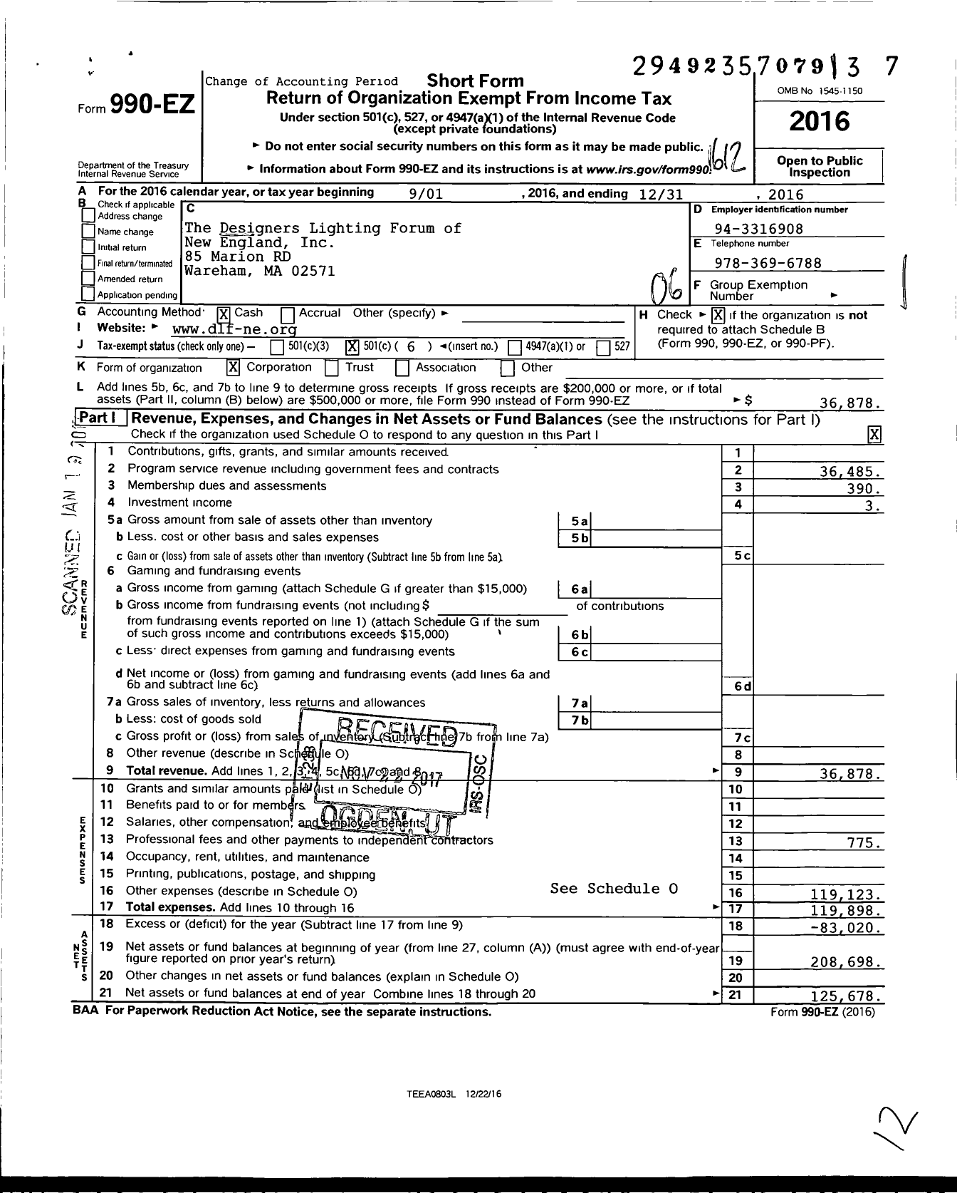 Image of first page of 2016 Form 990EO for The Designers Lighting Forum of New England